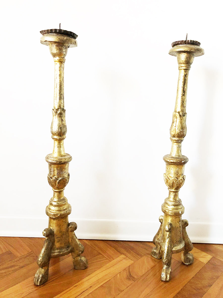 Coppia Antichi Candelieri in Legno Foglia Oro 1780 -Antiques-