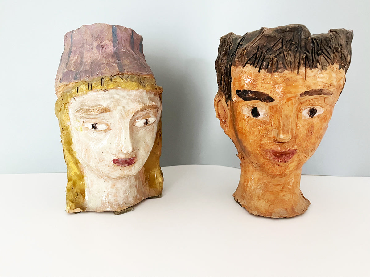 Coppia Teste Ceramica decorate a mano - Art -