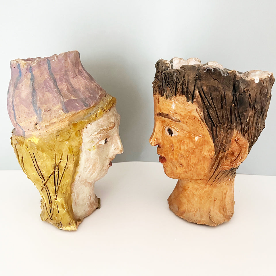 Coppia Teste Ceramica decorate a mano - Art -