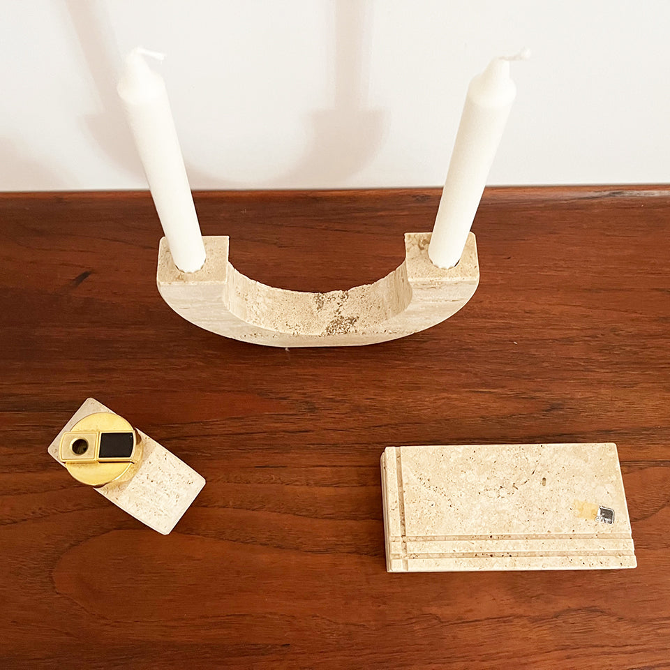 Trittico Candelabro, Accendino, Scrigno in Travertino F.lli. Manelli 1970 -Art-