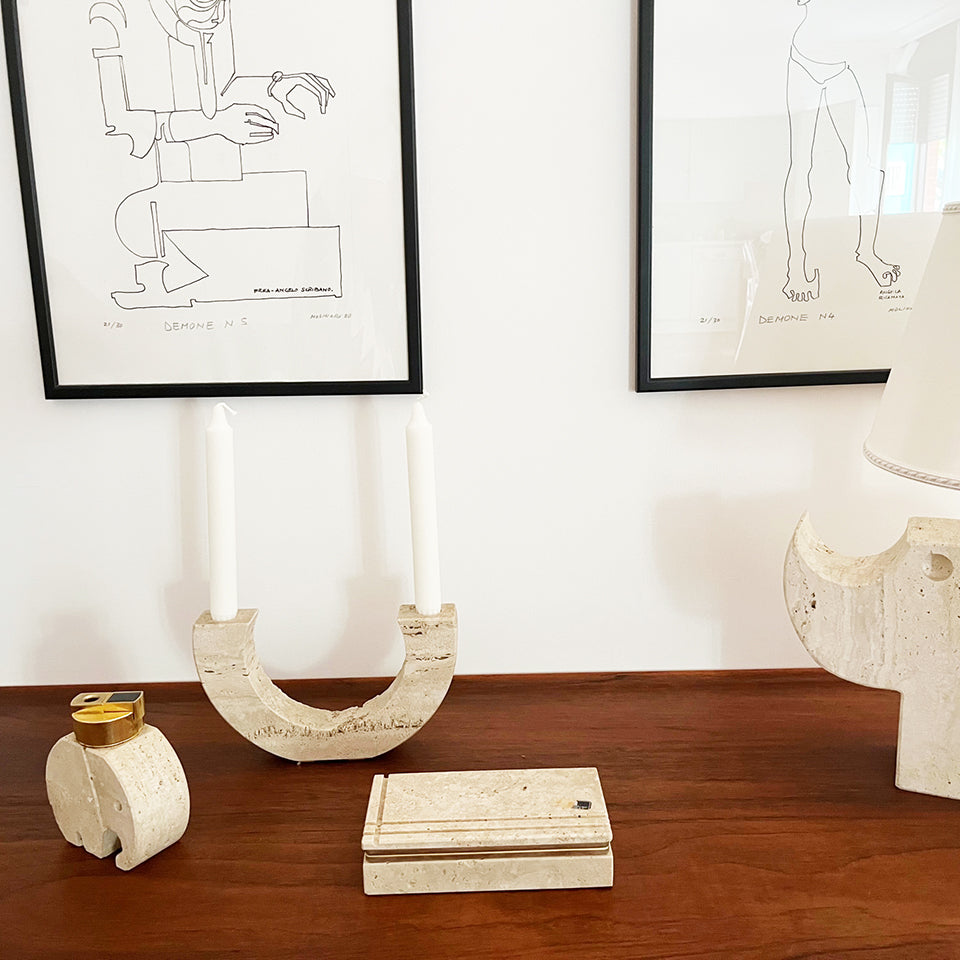 Trittico Candelabro, Accendino, Scrigno in Travertino F.lli. Manelli 1970 -Art-