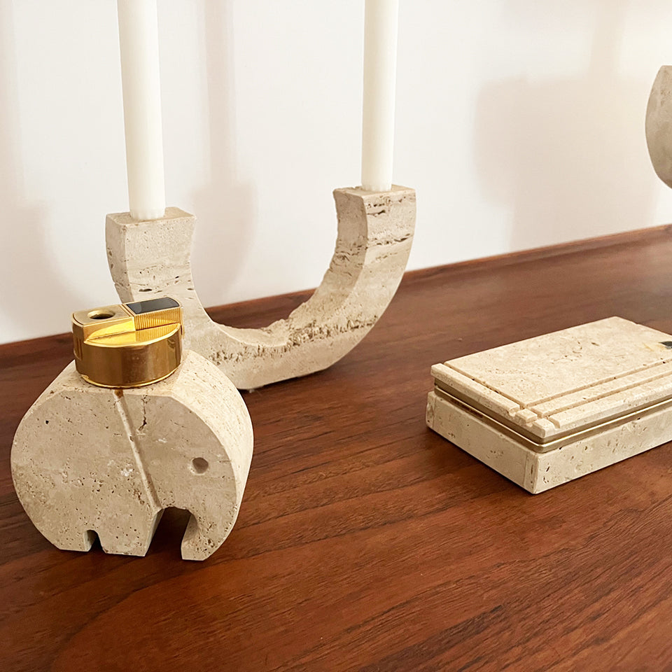Trittico Candelabro, Accendino, Scrigno in Travertino F.lli. Manelli 1970 -Art-