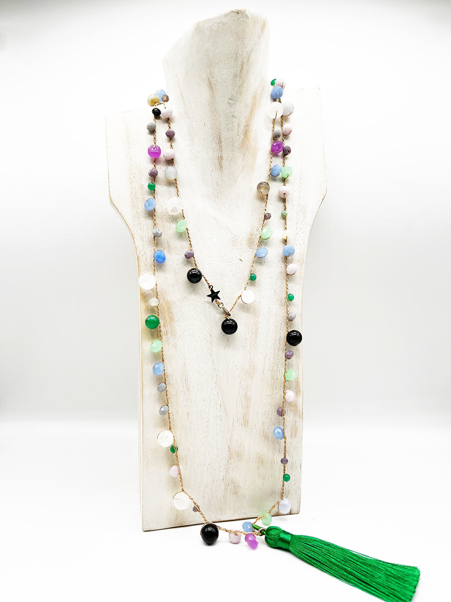 Collana Lunga Nappa Verde, Perle, Rubino, Quarzo, Arg 925 - Handmade Jewels -