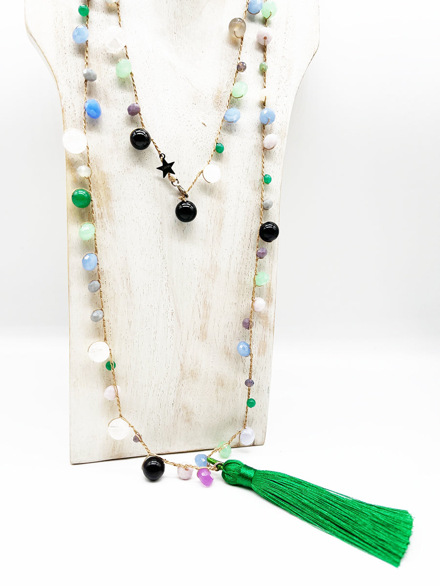 Collana Lunga Nappa Verde, Perle, Rubino, Quarzo, Arg 925 - Handmade Jewels -