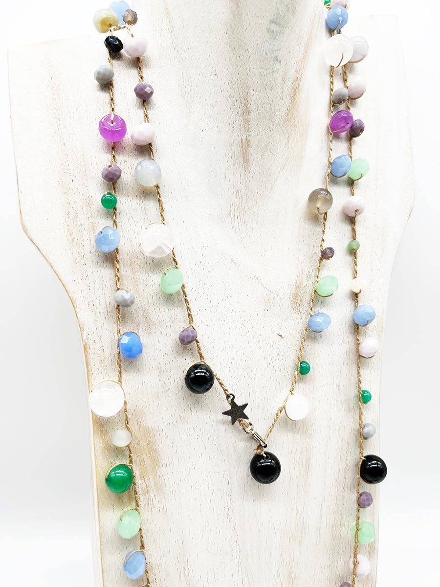 Collana Lunga Nappa Verde, Perle, Rubino, Quarzo, Arg 925 - Handmade Jewels -