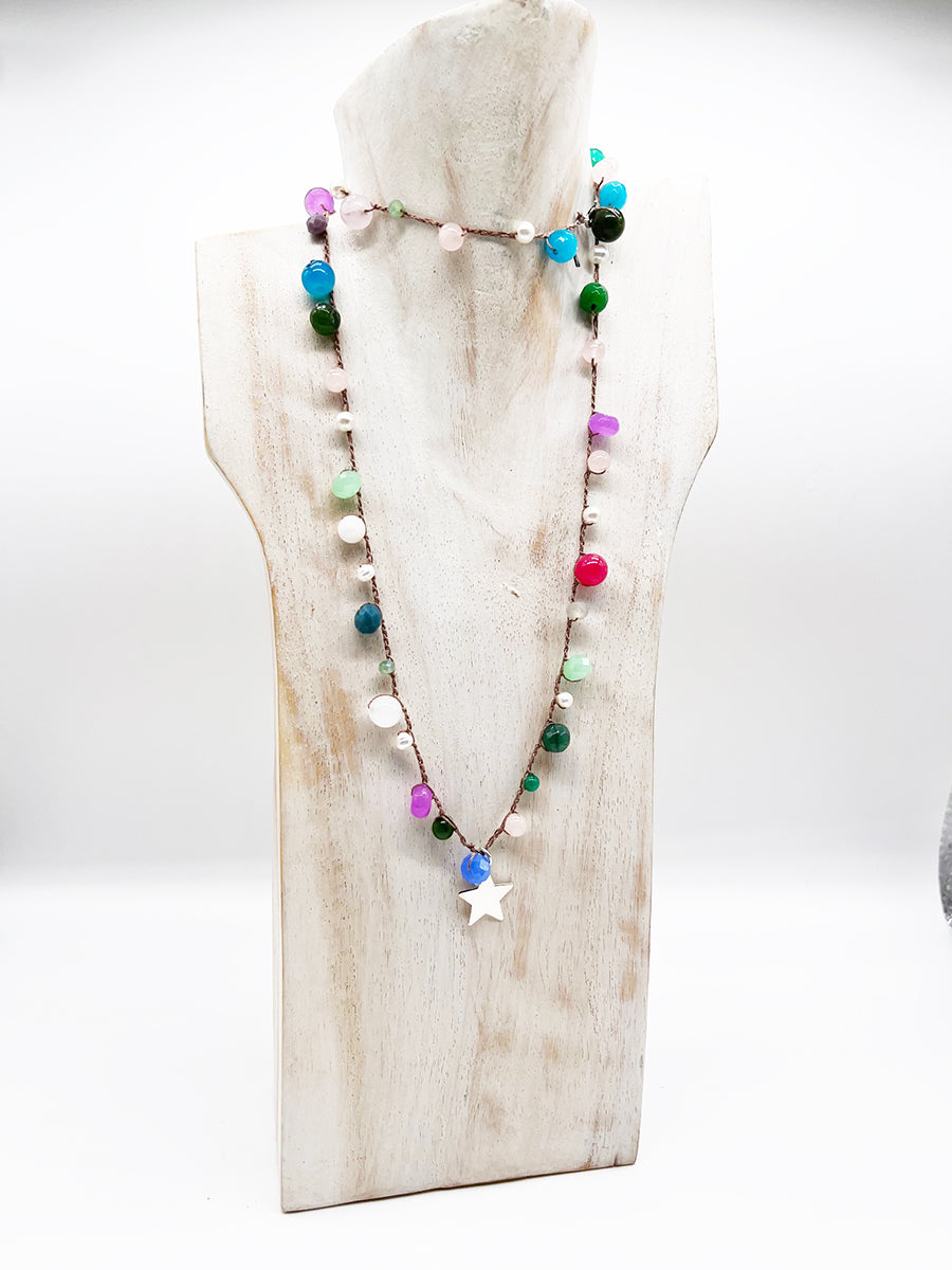 Collana Stella, Perle, Rubino, Quarzo, Arg 925 - Handmade Jewels -