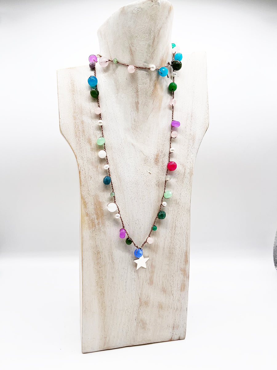 Collana Stella, Perle, Rubino, Quarzo, Arg 925 - Handmade Jewels -