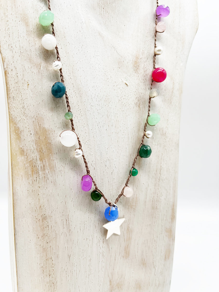 Collana Stella, Perle, Rubino, Quarzo, Arg 925 - Handmade Jewels -