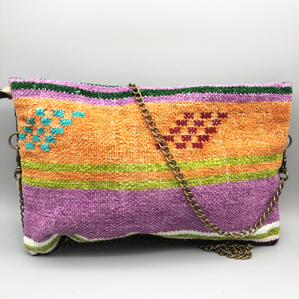 Pochette Righe Verde Handmade con tracolla e placca Argentone con Pietra