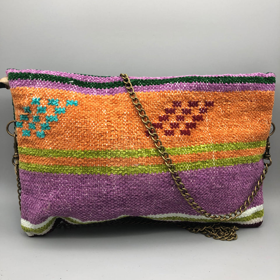 Pochette Righe Verde Handmade con tracolla e placca Argentone con Pietra