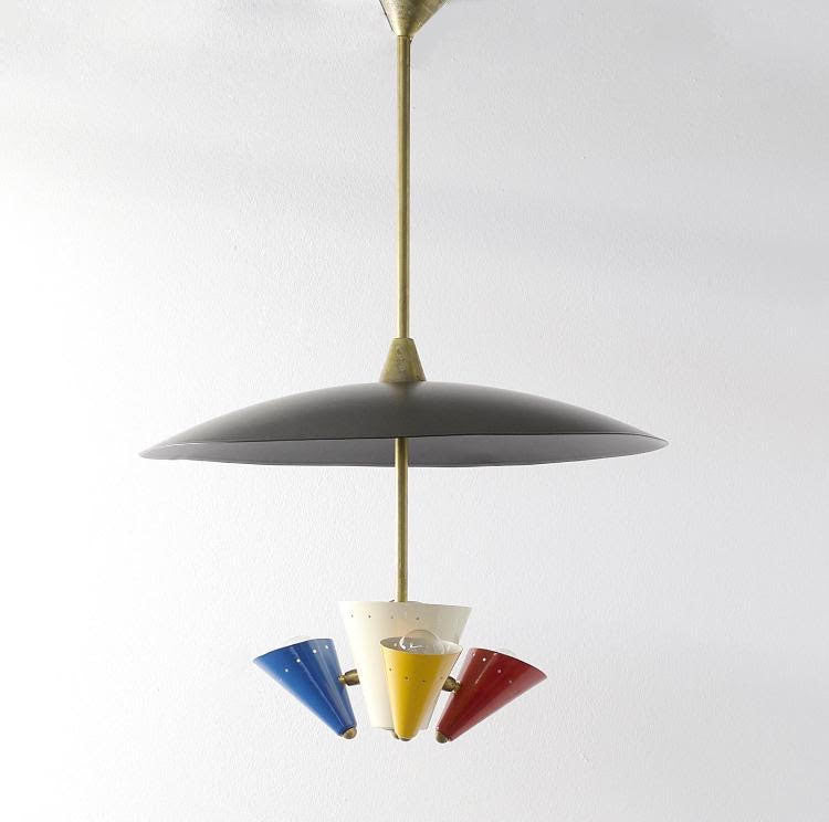Lampadario in Stile Stilnovo Metallo e Ottone - Design -