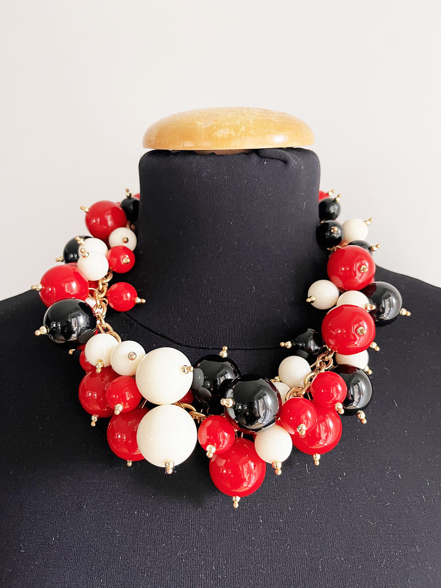 Collana Vintage anni '70 a sfere rosse, beige, nere -Top Accessori-