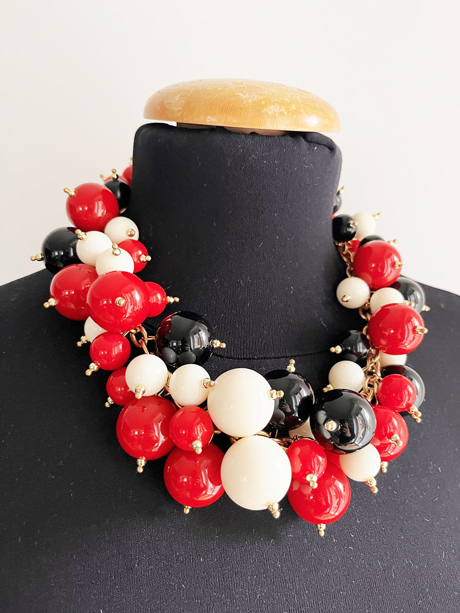 Collana Vintage anni '70 a sfere rosse, beige, nere -Top Accessori-