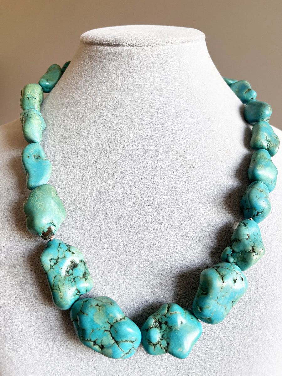 Collana Turchese Naturale con pietre irregolari e chiusura in Arg 925 -Vintage Bijoux-