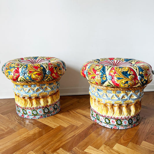 Caltagirone Coppia di Pouf Decorati a mano per Lizoh - Caltagirone-