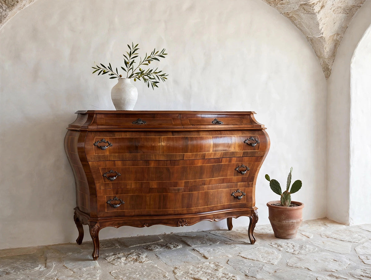 Cassettone Bombato in noce massello con intarsi '900 -Top Antiques-