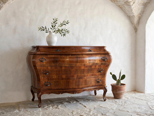 Cassettone Bombato in noce massello con intarsi '900 -Top Antiques-