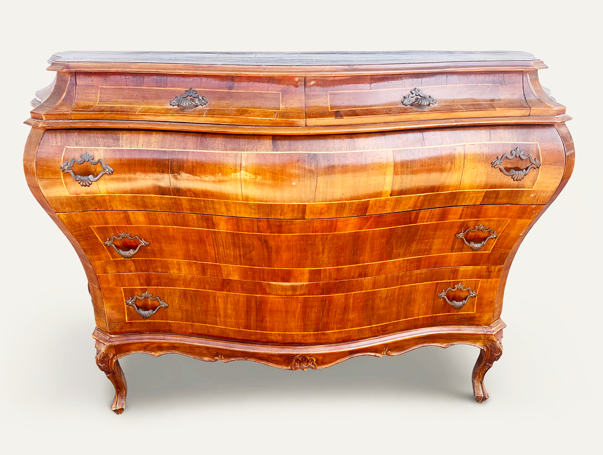 Cassettone Bombato in noce massello con intarsi '900 -Top Antiques-