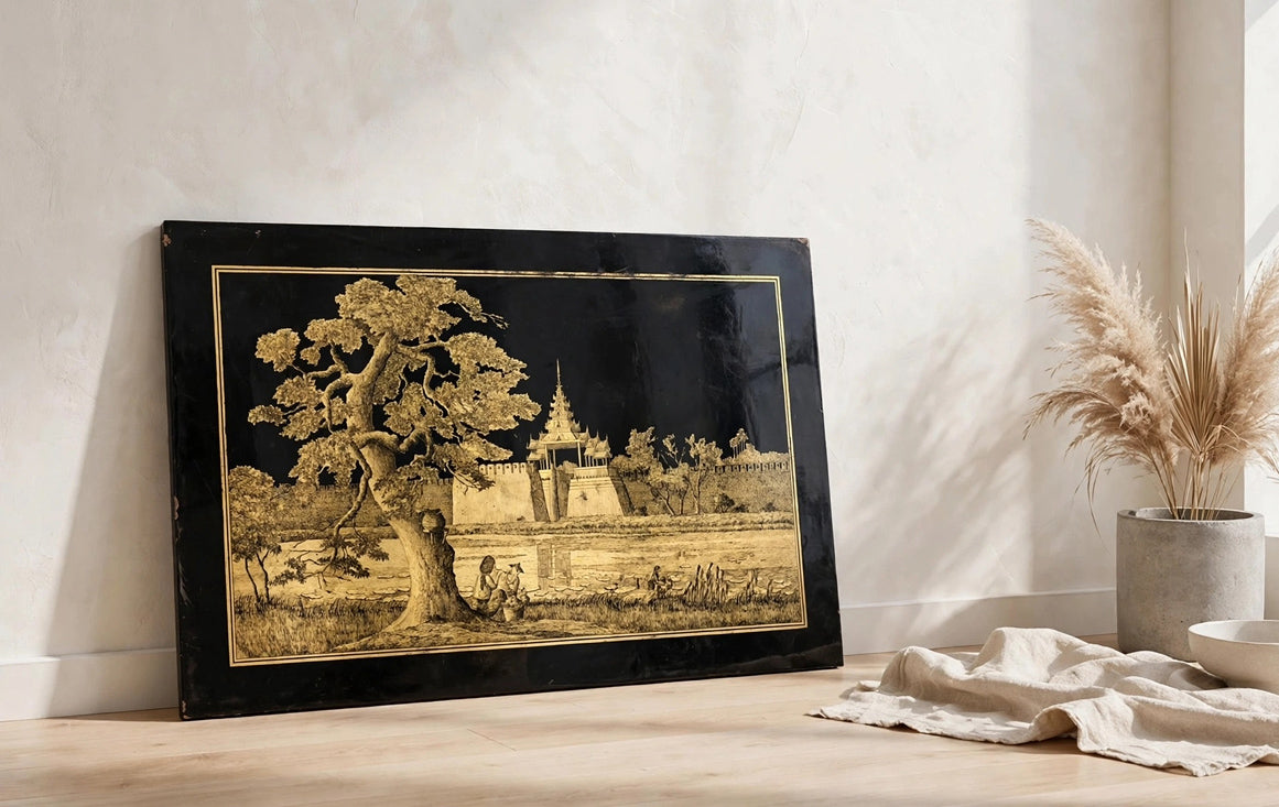 Pannello decorativo in stile asiatico realizzato con tecnica tradizionale di lacca originaria del Myanmar -Top Antiques-