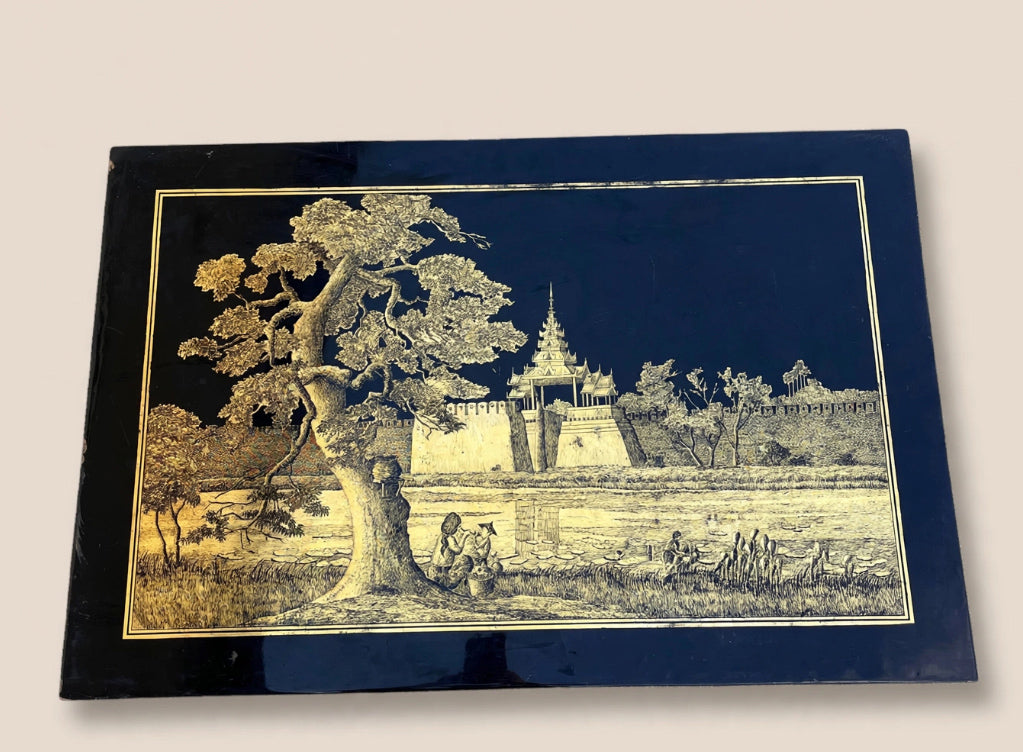 Pannello decorativo in stile asiatico realizzato con tecnica tradizionale di lacca originaria del Myanmar -Top Antiques-
