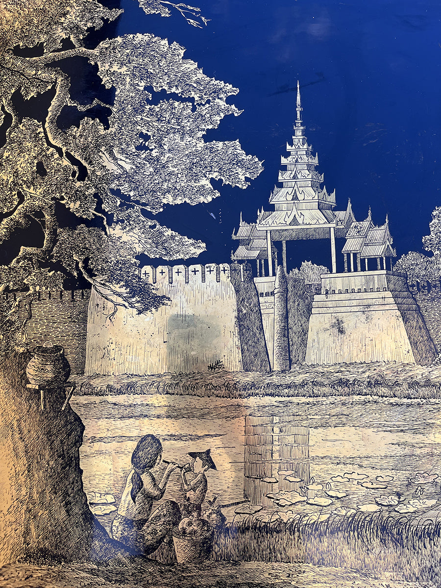 Pannello decorativo in stile asiatico realizzato con tecnica tradizionale di lacca originaria del Myanmar -Top Antiques-