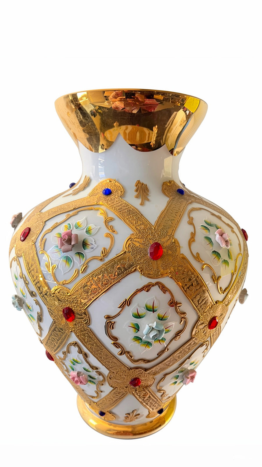 Vaso Opalino con Decori in Oro zecchino, Pietre, Ceramica -Top Antiques-