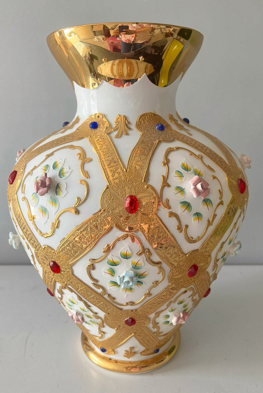 Vaso Opalino con Decori in Oro zecchino, Pietre, Ceramica -Top Antiques-