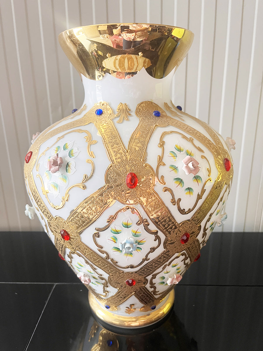 Vaso Opalino con Decori in Oro zecchino, Pietre, Ceramica -Top Antiques-