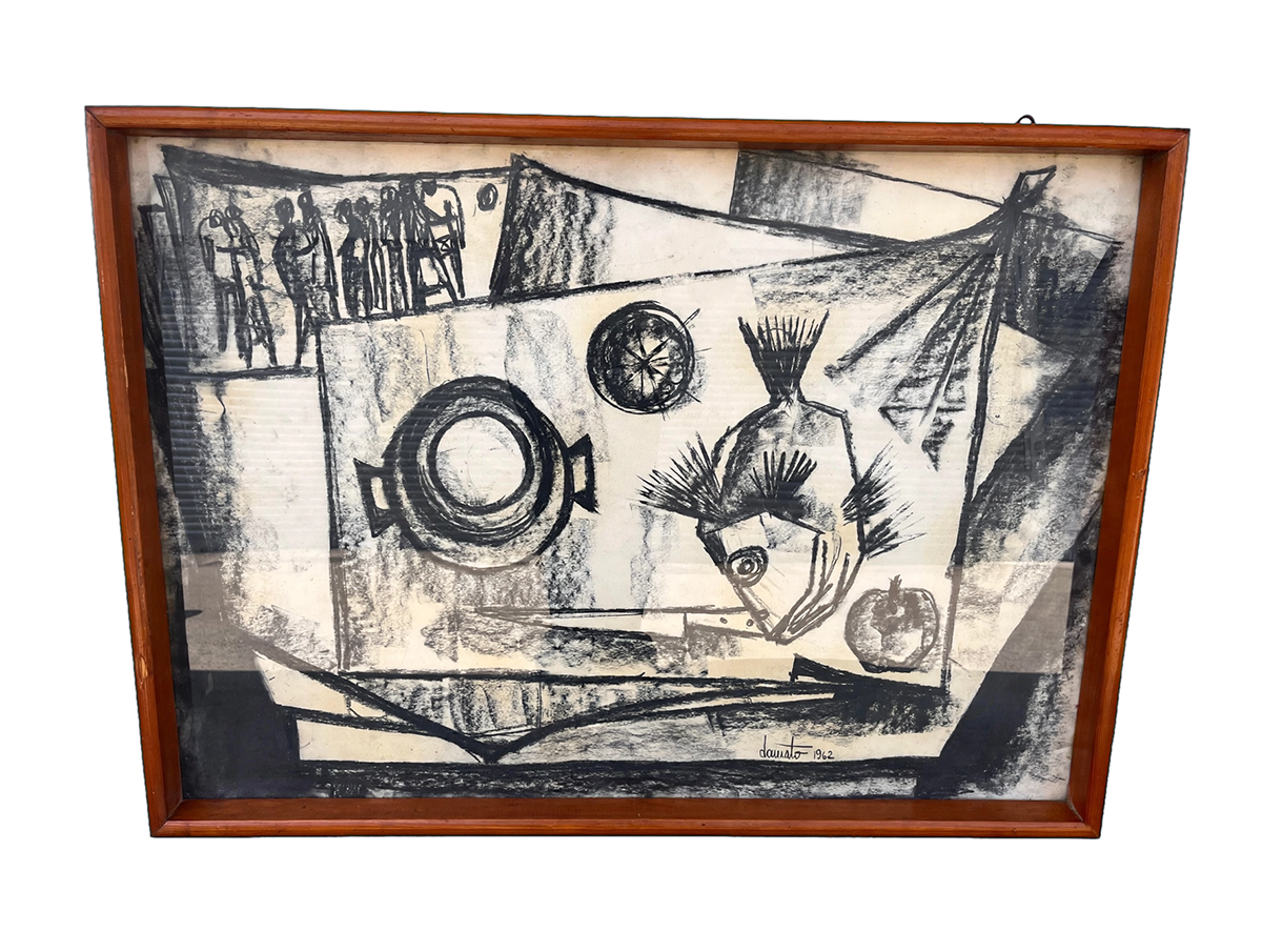 Opera Unica Dario D'Amato Natura Morta con pesci e figure umane 1962 -Top Art-