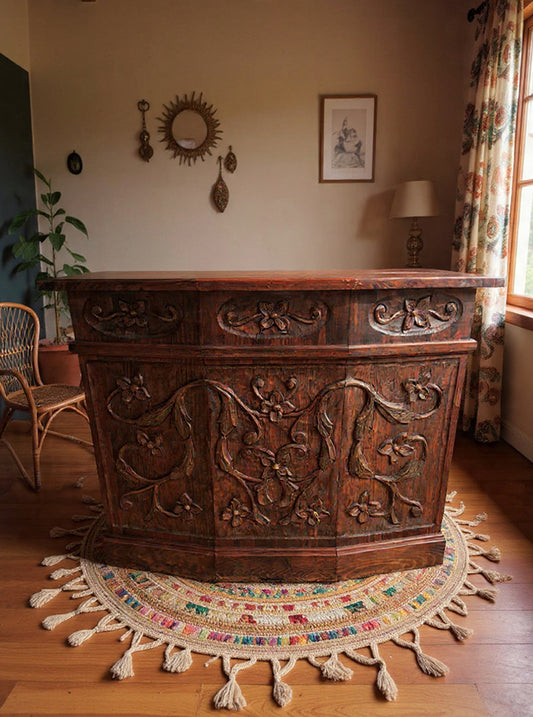 Bancone Antico Liberty '900 in legno Massello intagliato con motivi Floreali -Antiques-