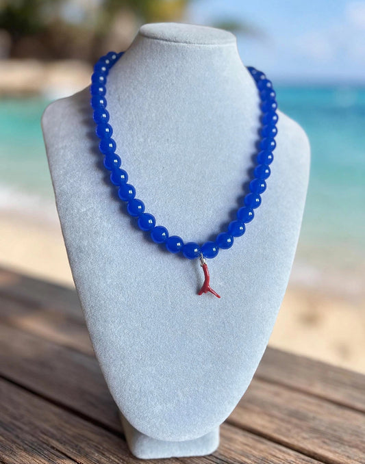 Collana Agata Blu con Charm Corallo del Mediterraneo -Top Bijoux-