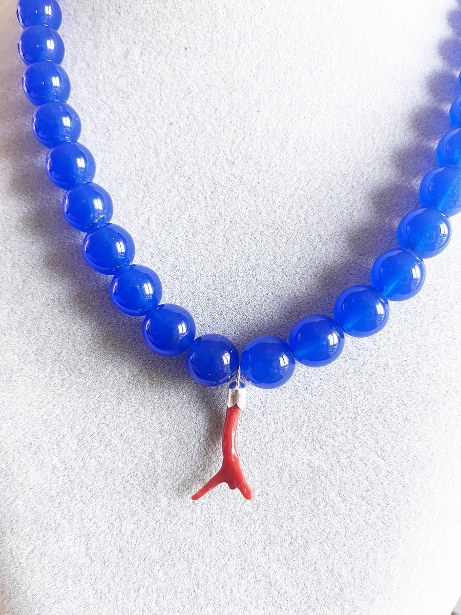 Collana Agata Blu con Charm Corallo del Mediterraneo -Top Bijoux-