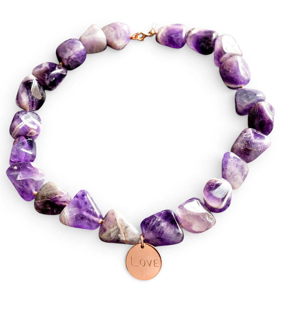 Collier Ametista a barilotti irregolari con charm "Love" e chiusura in Arg 925 galvanica oro rosa -Bijoux-