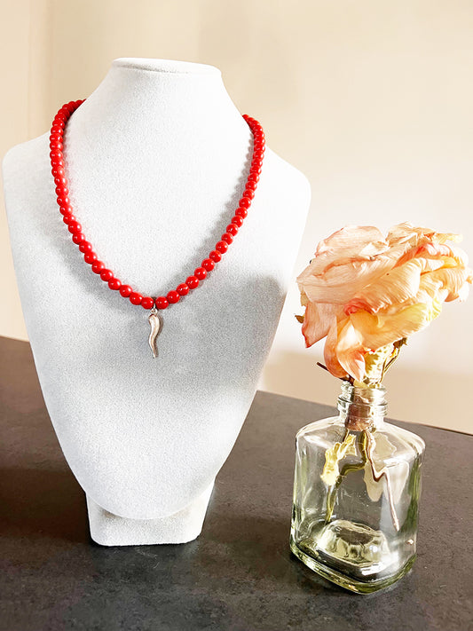 Collana Corallo Originale con Corno Grande Arg 925 -Top Bijoux-