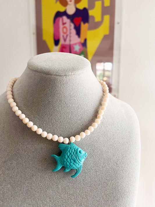 Collana Corallo Bianco con Charm Pesce Turchese Legno e chiusura in Arg 925 -Top Bijoux-