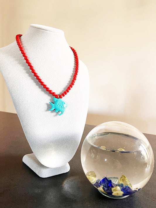 Collana Corallo Originale con Charm Legno Pesce e Arg 925 -Top Bijoux-