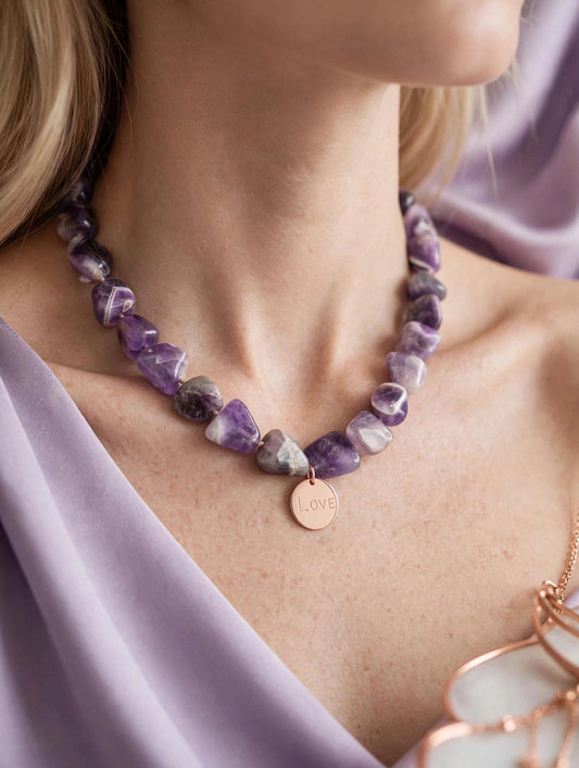 Collier Ametista a barilotti irregolari con charm "Love" e chiusura in Arg 925 galvanica oro rosa -Bijoux-
