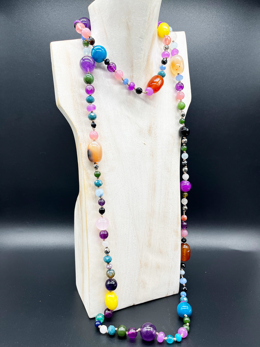Collana Multicolor Lunga Pietre, Cristalli, arg 925 -Handmade Jewels-
