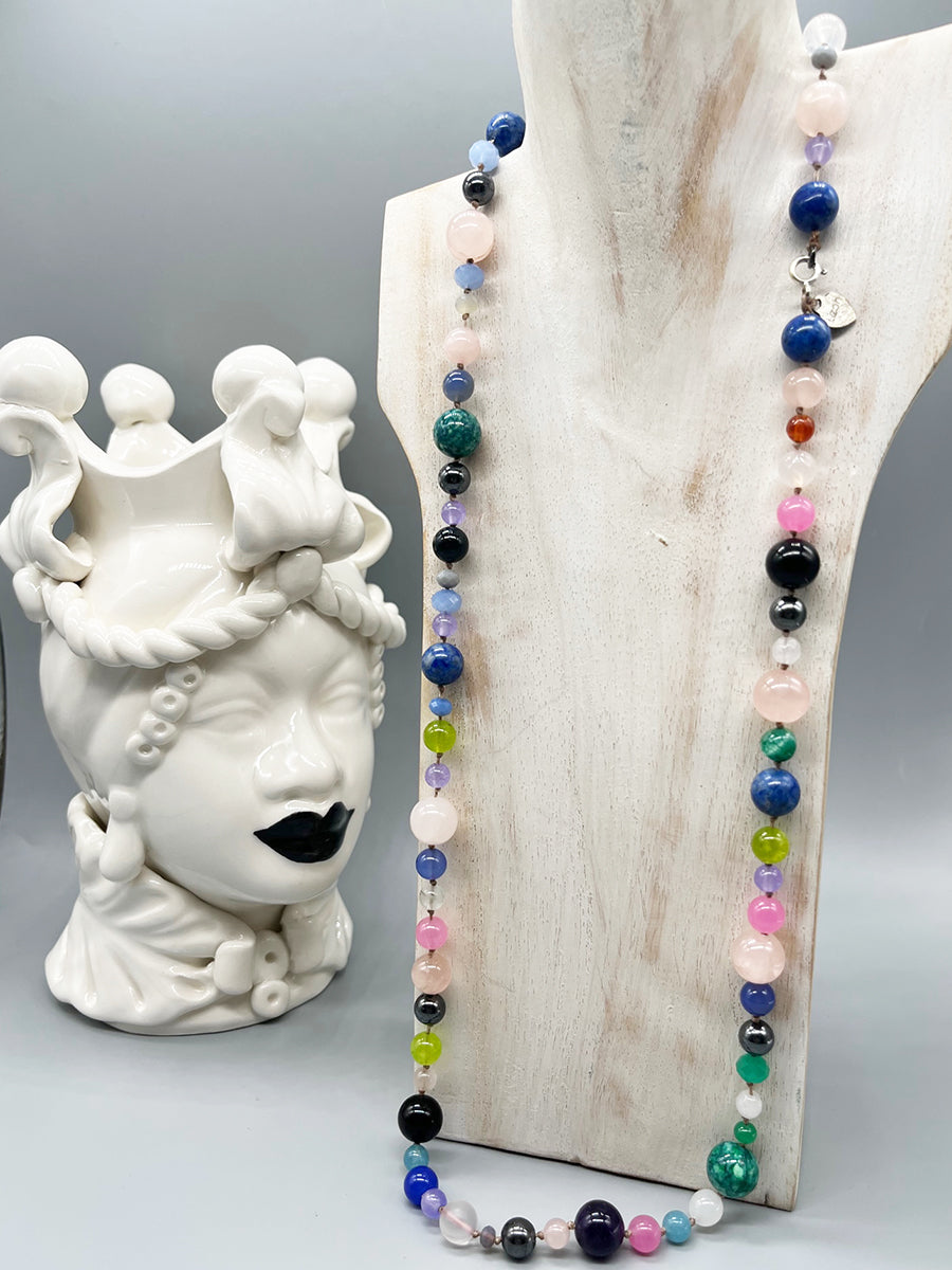 Collana Multicolor Lunga Pietre, Cristalli, arg 925 -Creazioni Lizoh -