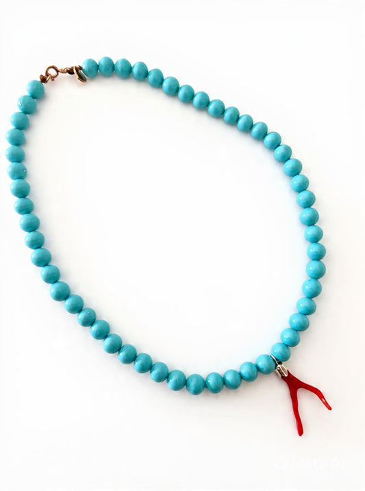 Collier Turchese Naturale con Charm Corallo del Mediterraneo e Arg 925 -Top Bijoux-