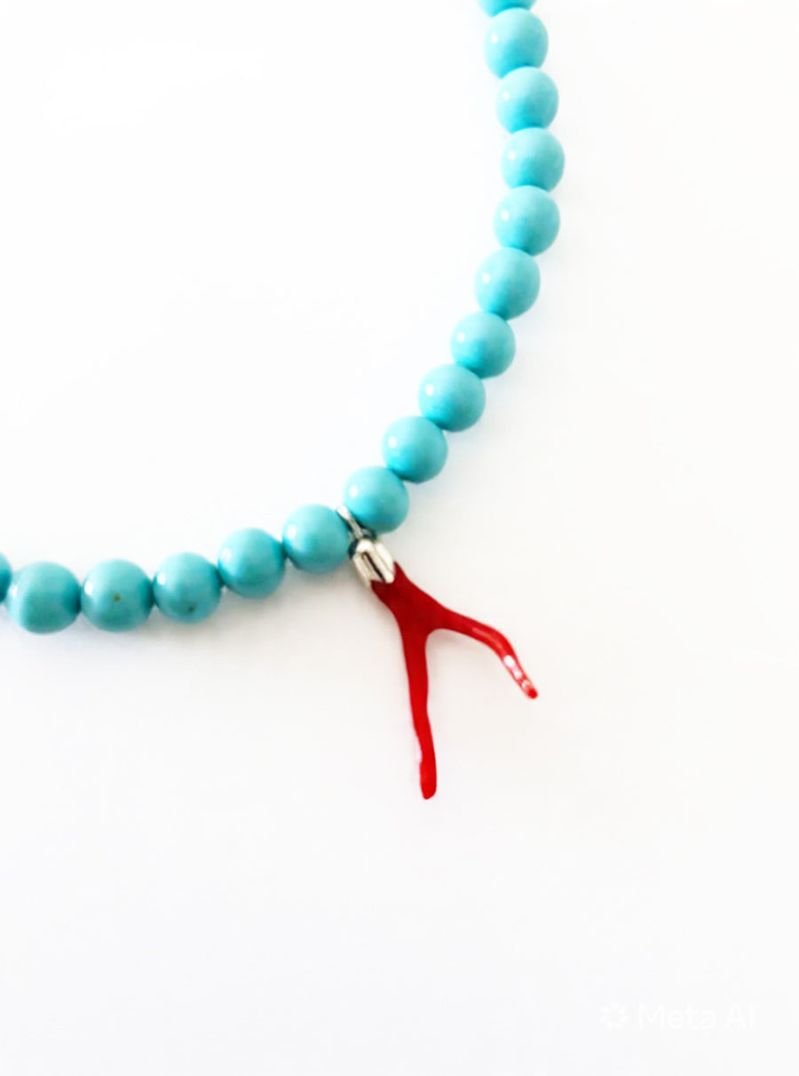 Collier Turchese Naturale con Charm Corallo del Mediterraneo e Arg 925 -Top Bijoux-