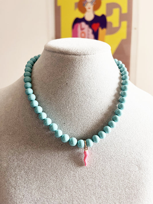Collier Turchese Naturale con Corno Glitterato Rosa -Top Bijoux-