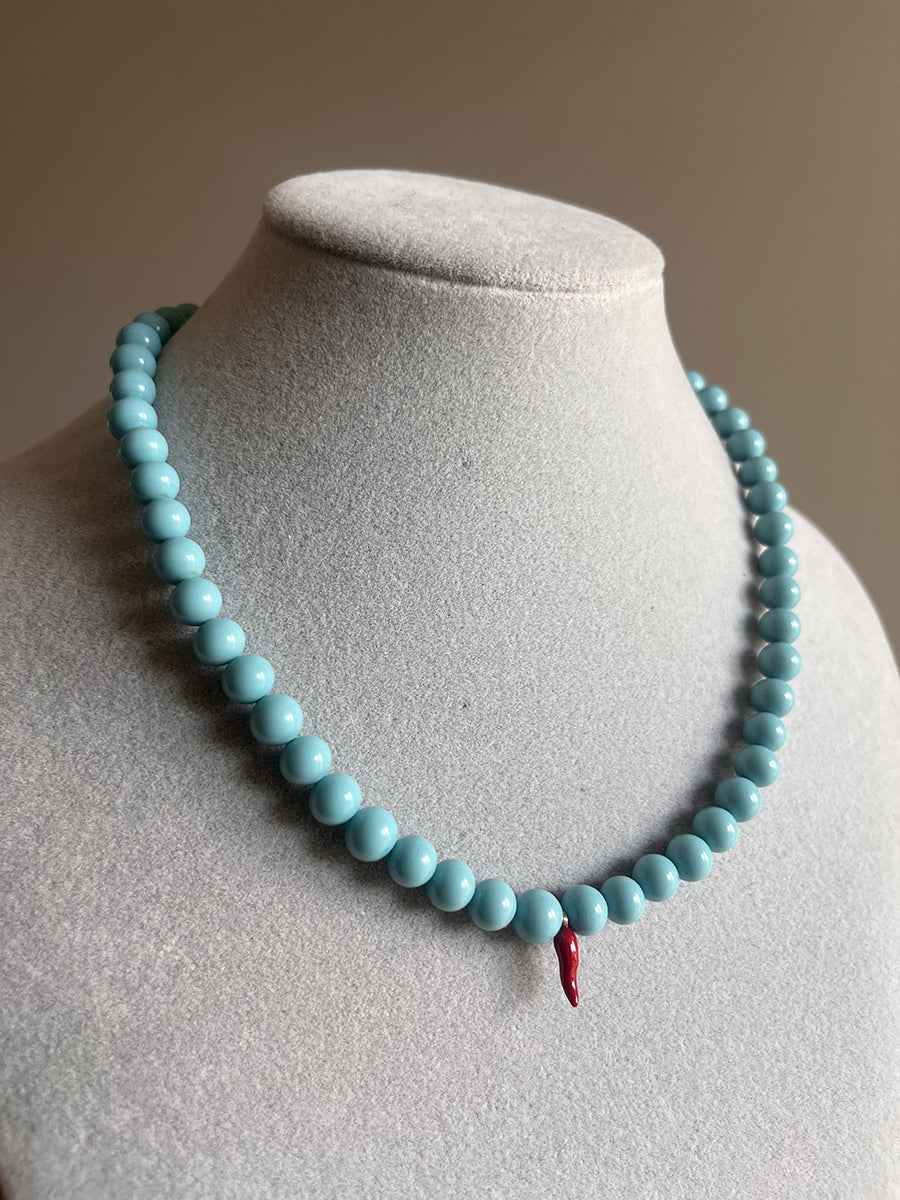 Collier Turchese Naturale con Corno Rosso Smaltato Arg 925 - Top Bijoux -