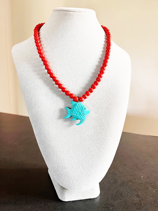 Collana Corallo Originale con Charm Legno Pesce e Arg 925 -Top Bijoux-