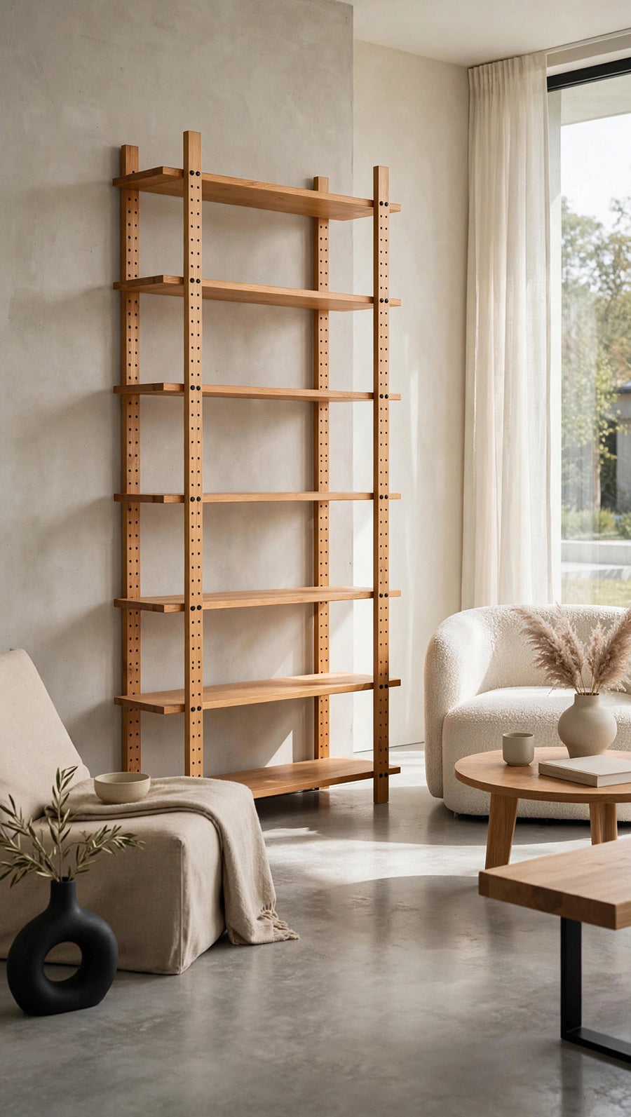 Libreria in Legno Massello Naturale a Giorno -Design Vintage-