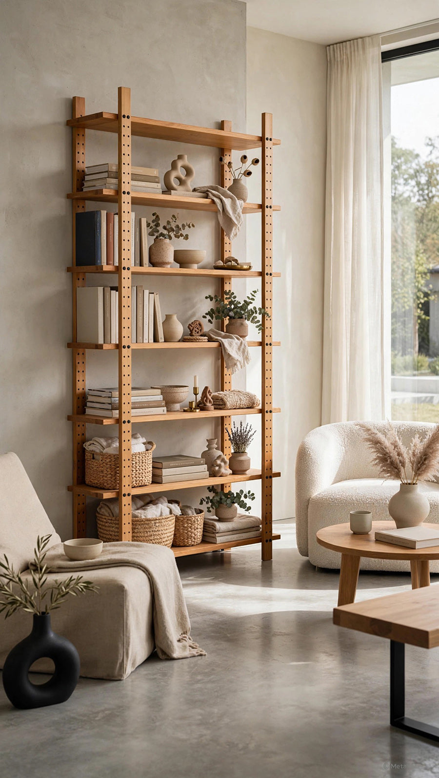 Libreria in Legno Massello Naturale a Giorno -Design Vintage-