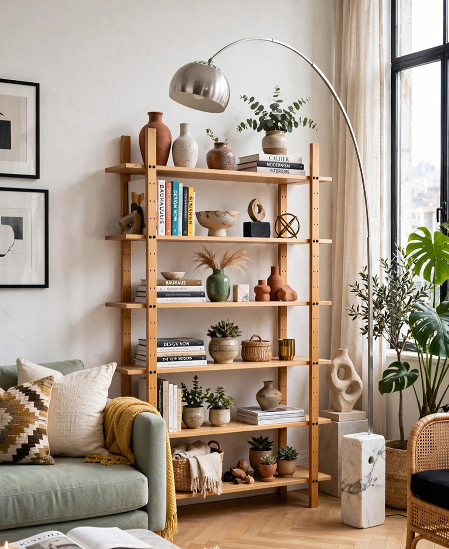 Libreria in Legno Massello Naturale a Giorno -Design Vintage-