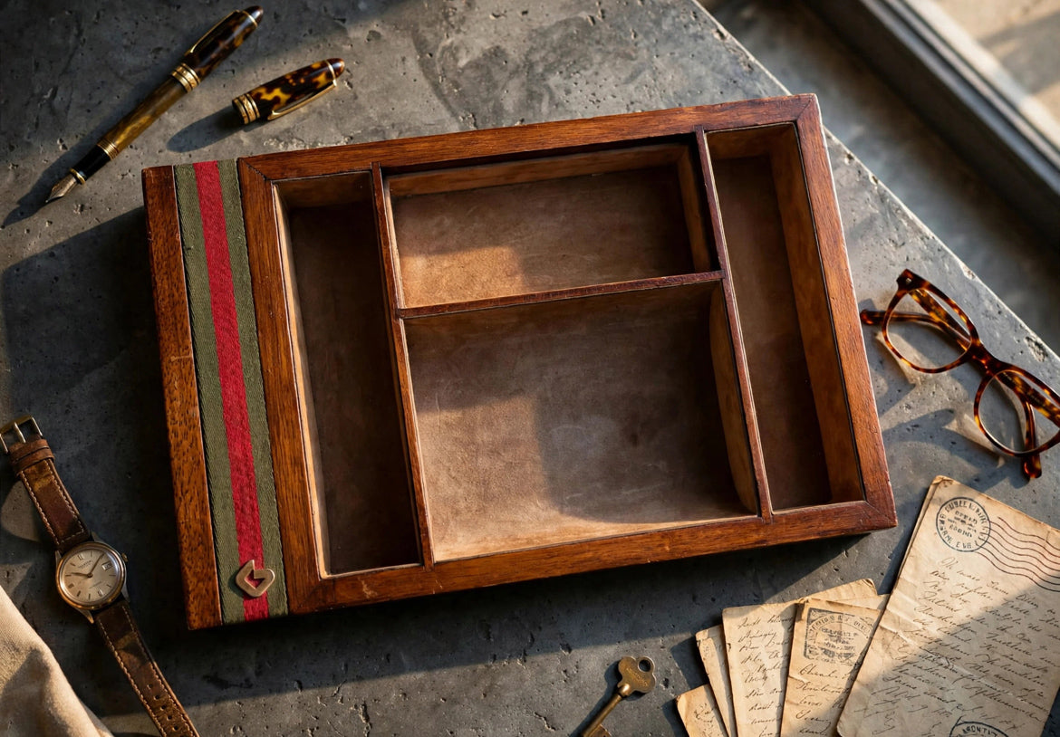 Gucci Vintage anni '70 elegante svuotatasche vintage in legno e tessuto -Top Design-