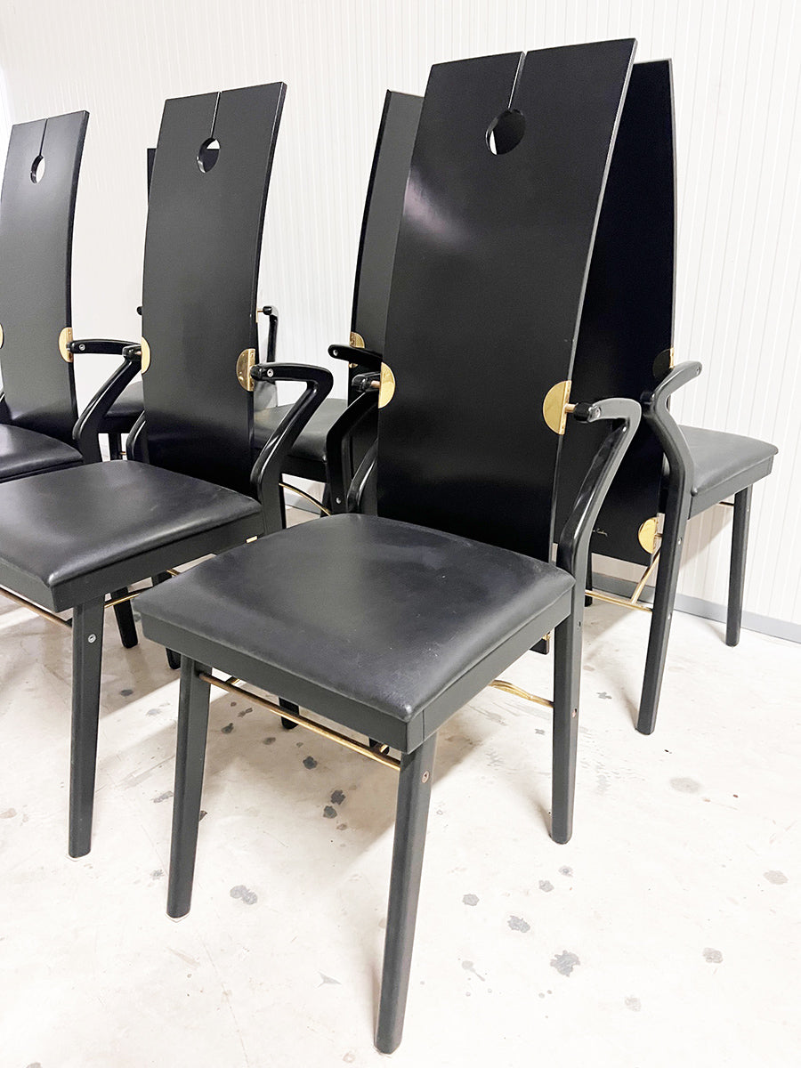Pierre Cardin Set n. 6 Sedie Nere in pelle, legno e ottone, firmate sul retro '80 -Top Design-