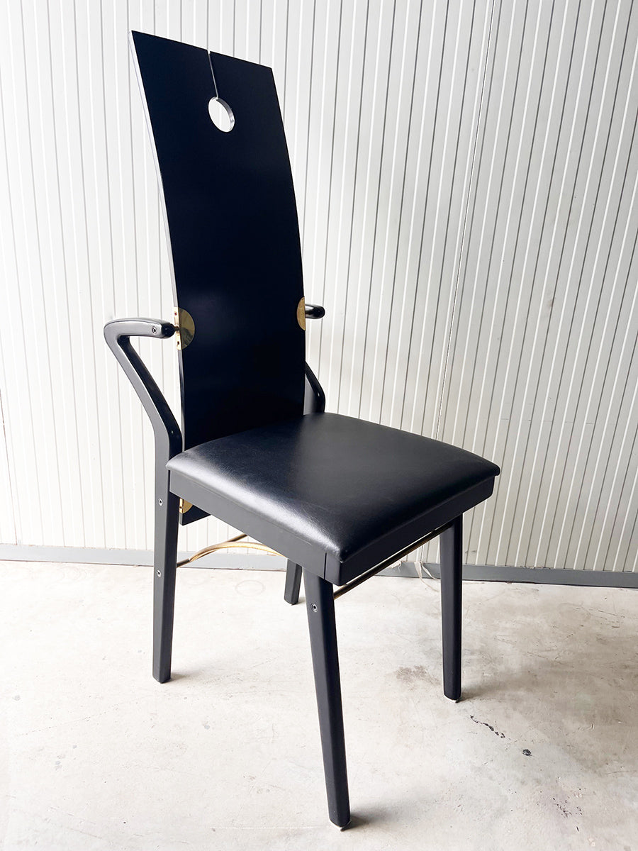 Pierre Cardin Set n. 6 Sedie Nere in pelle, legno e ottone, firmate sul retro '80 -Top Design-